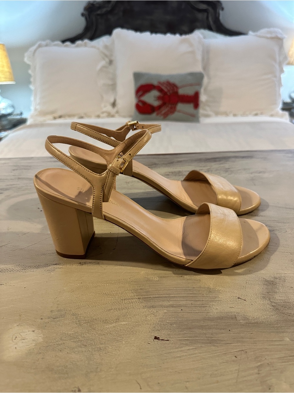 Stuart Weitzman Solo Leather Block Heel Nude Sandal - Picture 3 of 5